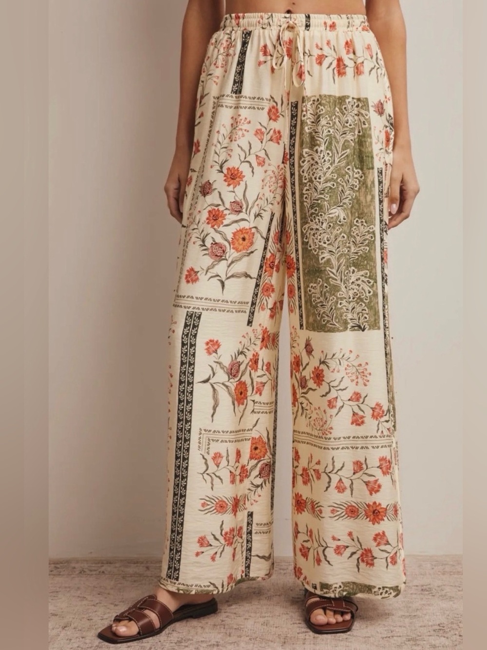 NWT Forte Floral Wide Leg Lined Pants in Cream & rose Size Medium
